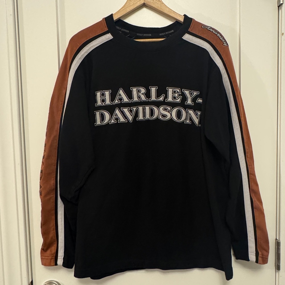2007 Harley Davidson Sweatshirt Mens Large Black Orange Embroidered Crew Neck
